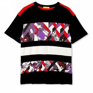 Versace Jeans Men's Medium Black Red Abstract Colorblock Graphic T-Shirt Luxury